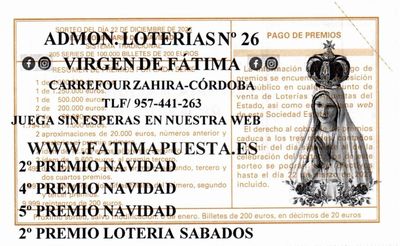 Reverso del d&eacute;cimo 36044 con el sello de la Administraci&oacute;n n&ordm; 26 &laquo;Virgen de F&aacute;tima&raquo;, en C&oacute;rdoba